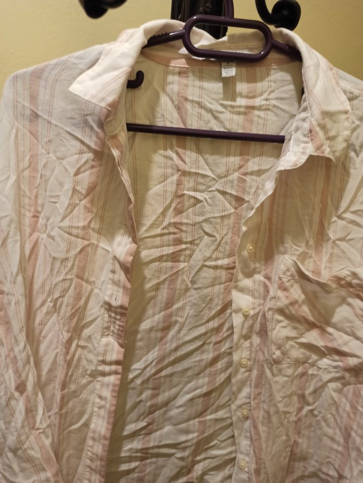 pudra pembe beyaz Kadın Keten Gömlek - Görsel 2