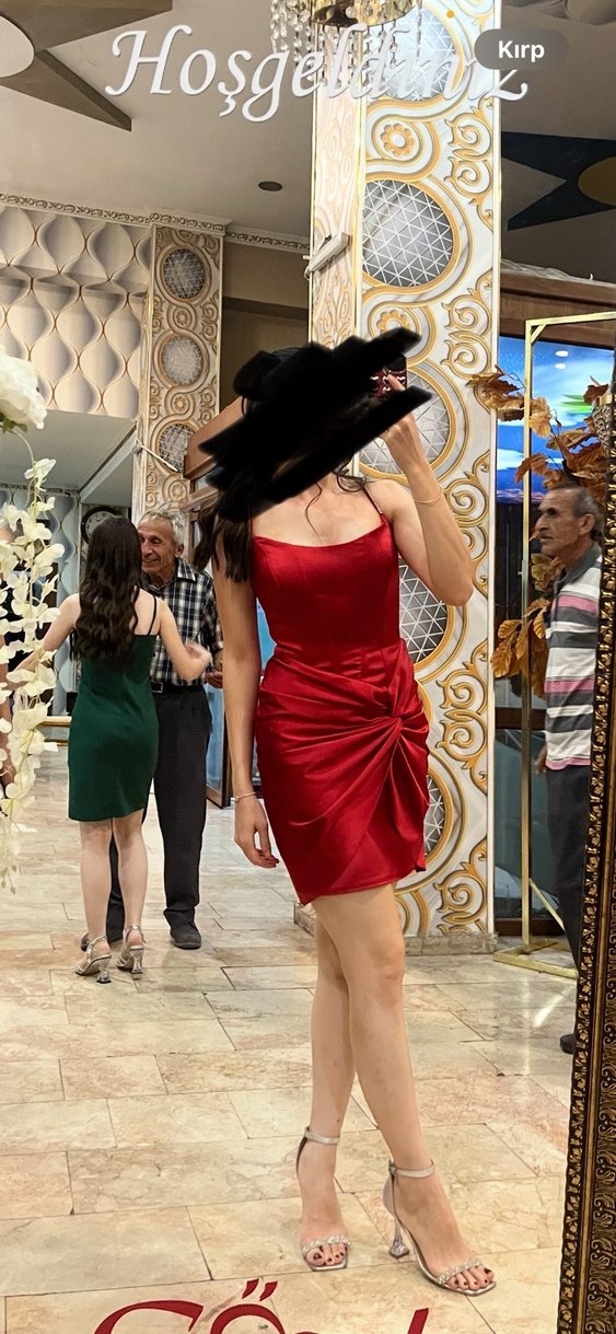 Kei kei Kırmızı Drapeli Straplez Mini Kokteyl Elbise - Görsel 2