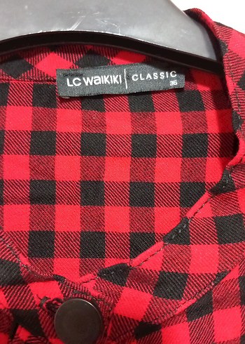 Kırmızı Ekose Düğmeli Uzun Kollu Kadın Gömlek - Görsel 2
