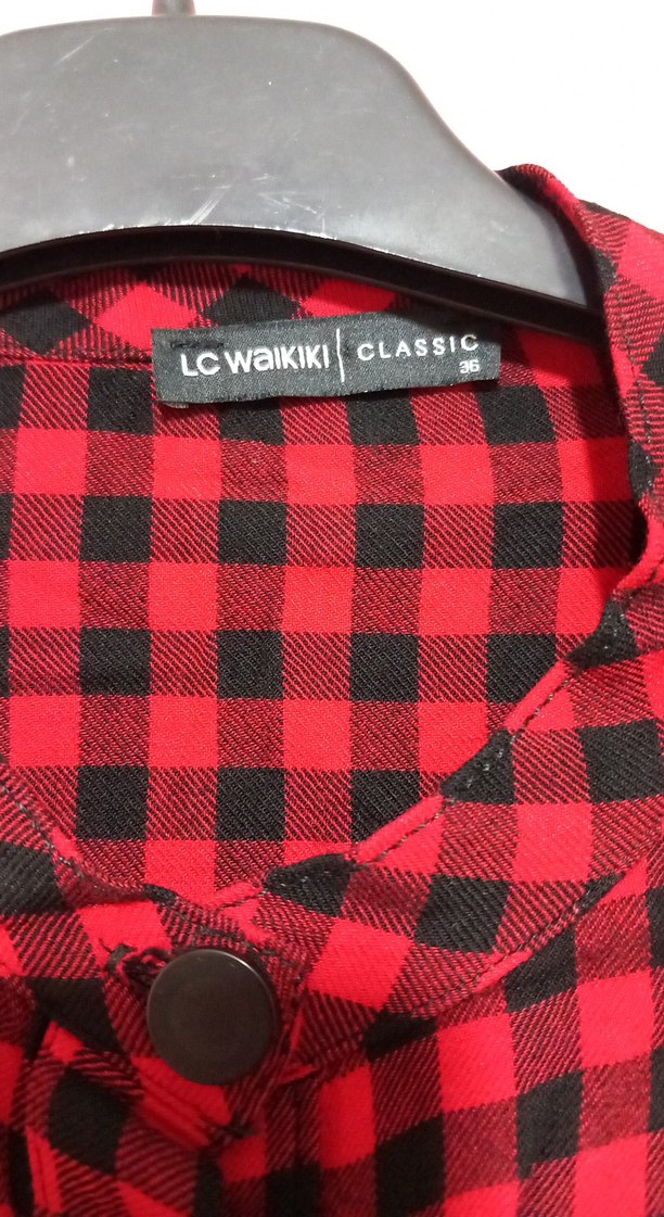 Kırmızı Ekose Düğmeli Uzun Kollu Kadın Gömlek - Görsel 2