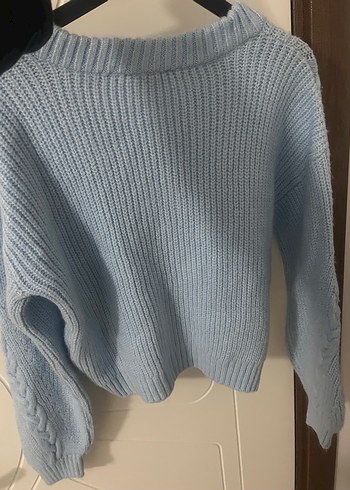 V Yaka bebek mavisi Örgü Kadın Kazak - Görsel 2