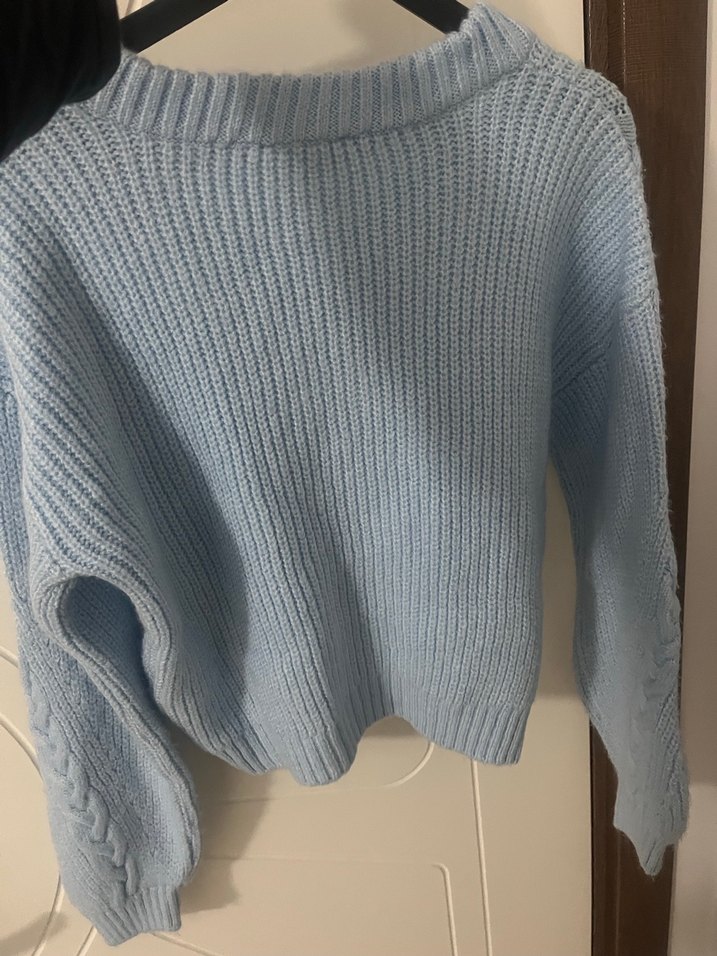 V Yaka bebek mavisi Örgü Kadın Kazak - Görsel 2