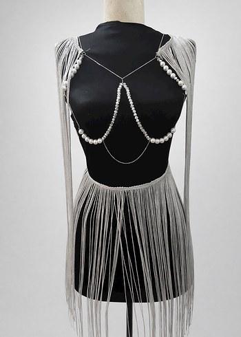 Boncuk Detaylı Gri Gotik Vücut Zinciri Takımı - Görsel 2