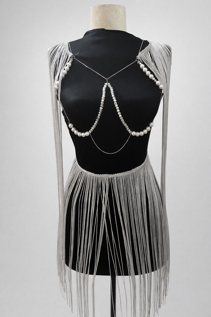 Boncuk Detaylı Gri Gotik Vücut Zinciri Takımı - Görsel 2