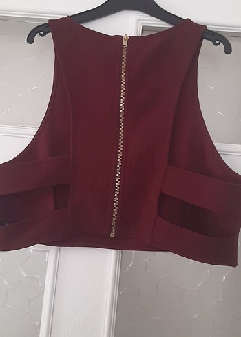Bordo Kolsuz Yüksek Yakalı Crop Top - Görsel 4