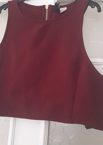 Bordo Kolsuz Yüksek Yakalı Crop Top - Görsel 2