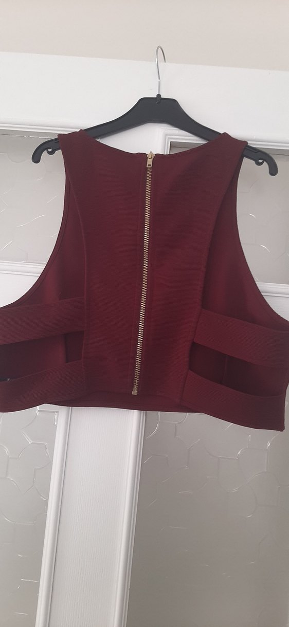 Bordo Kolsuz Yüksek Yakalı Crop Top - Görsel 4