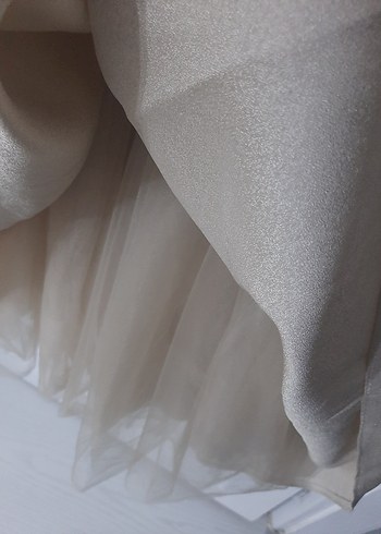 Uzun Kollu Bej İşlemeli Abiye Elbise - Görsel 4