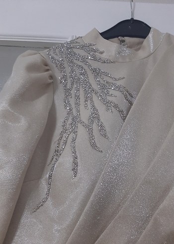 Uzun Kollu Bej İşlemeli Abiye Elbise - Görsel 7