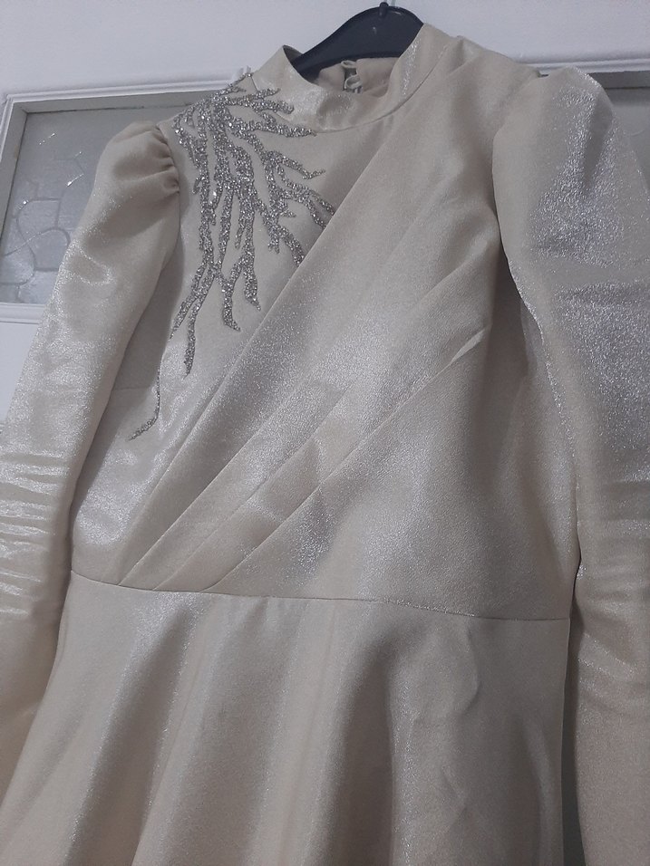 Uzun Kollu Bej İşlemeli Abiye Elbise - Görsel 3