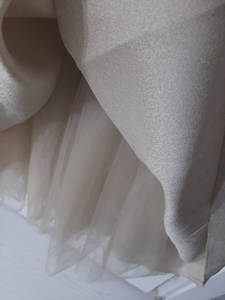 Uzun Kollu Bej İşlemeli Abiye Elbise - Görsel 4