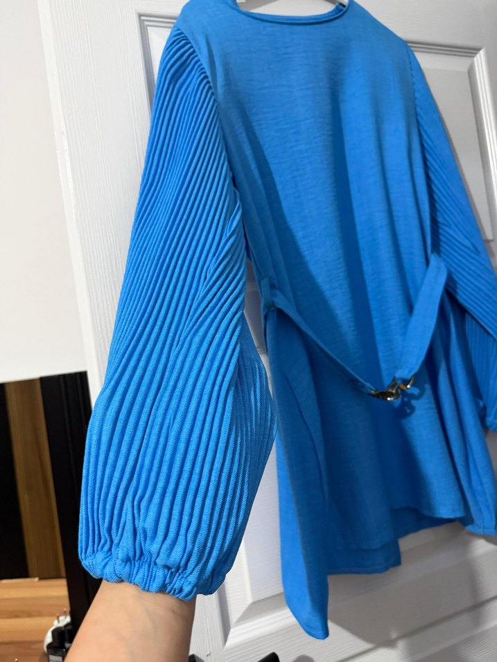 Mavi Piliseli Uzun Kollu Keten Takım - Görsel 2