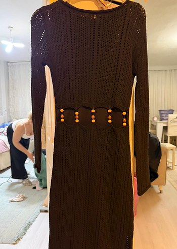 Uzun Kollu Siyah Örgü Bohem elbise - Görsel 3