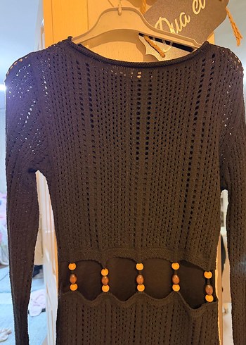 Uzun Kollu Siyah Örgü Bohem elbise - Görsel 2