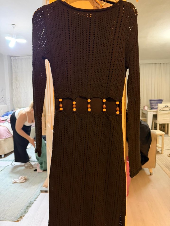 Uzun Kollu Siyah Örgü Bohem elbise - Görsel 3