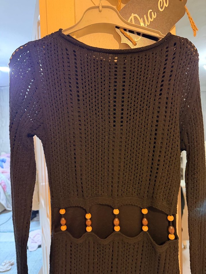 Uzun Kollu Siyah Örgü Bohem elbise - Görsel 2