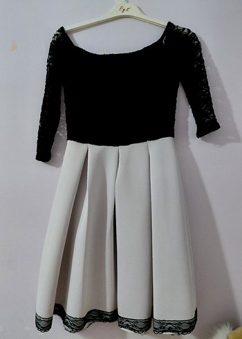 Dantel Detaylı Midi Siyah-Beyaz Kadın Elbise - Görsel 2