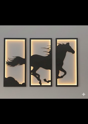 At Figürlü 3 Parçalı Aydınlatmalı Duvar Tablosu - Görsel 4