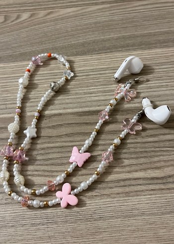 Pembe Boncuklu Kelebekli Kulaklık Zinciri - Görsel 2