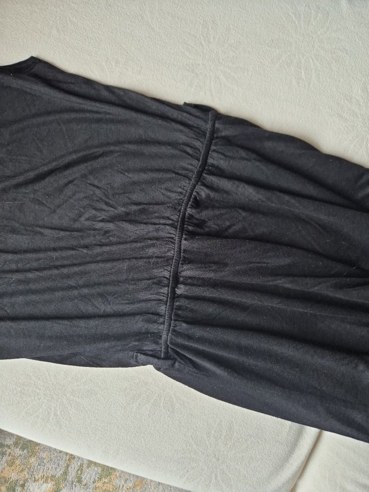 Siyah Kolsuz Midi Keten Elbise - Görsel 2