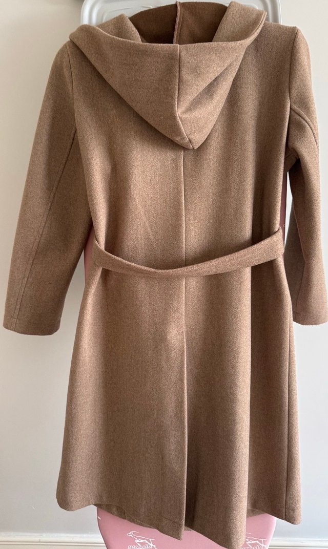 Bej Kadın Kemerli Yün Uzun Klasik Kaban - Görsel 2