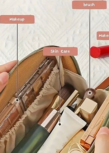 Baskılı Fermuarlı Bej Makyaj Çantası - Görsel 3