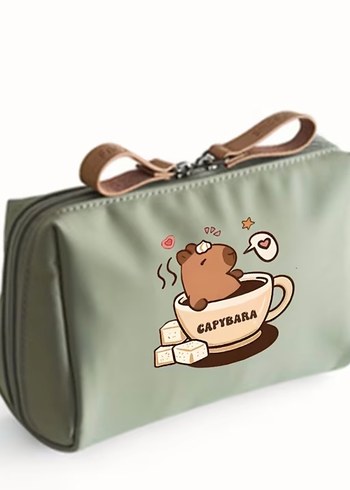 Baskılı Fermuarlı Bej Makyaj Çantası - Görsel 2