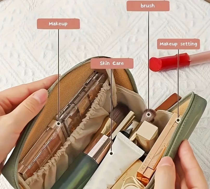 Baskılı Fermuarlı Bej Makyaj Çantası - Görsel 3