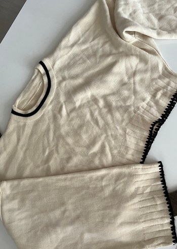 Beyaz Pilili Triko Kadın Pantolon ve kazak takım - Görsel 4