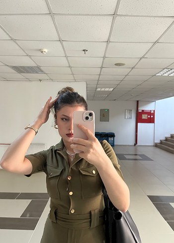 Kadın Haki Midi Deri Tulum - Görsel 3