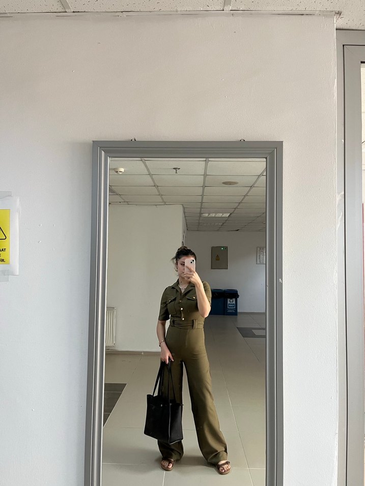 Kadın Haki Midi Deri Tulum - Görsel 2