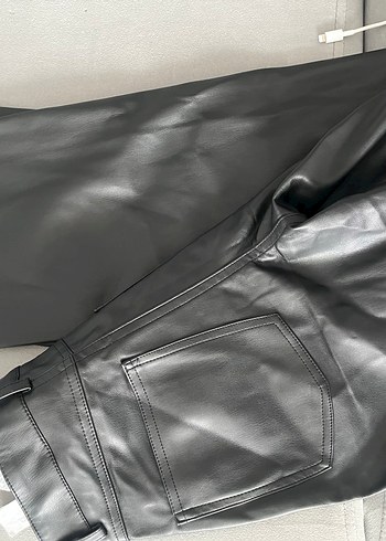 Düz Kesim Deri Kadın Pantolon Siyah - Görsel 5