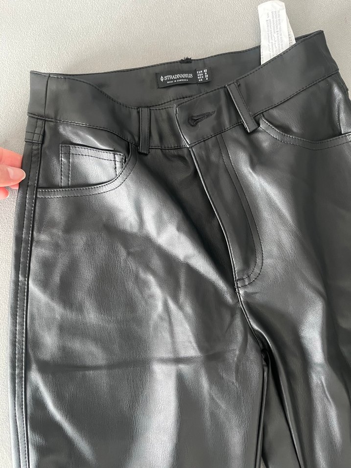 Düz Kesim Deri Kadın Pantolon Siyah - Görsel 3