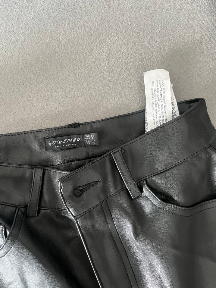 Düz Kesim Deri Kadın Pantolon Siyah - Görsel 2