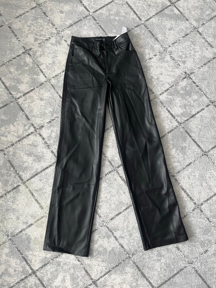 Düz Kesim Deri Kadın Pantolon Siyah - Görsel 4
