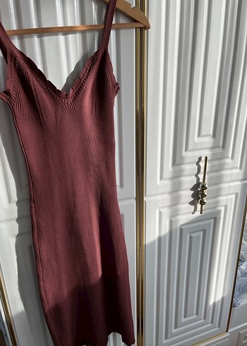 Bordo V Yakalı Triko Midi Elbise - Görsel 2