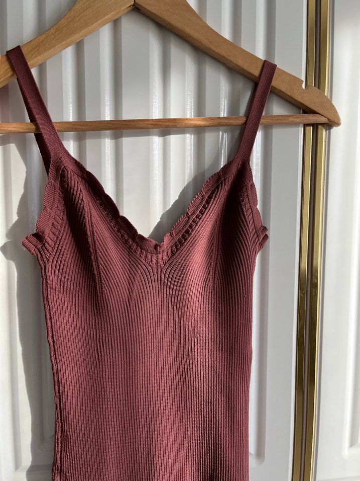 Bordo V Yakalı Triko Midi Elbise - Görsel 4