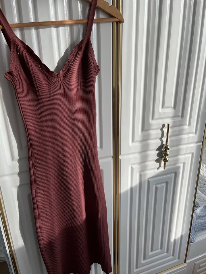 Bordo V Yakalı Triko Midi Elbise - Görsel 2