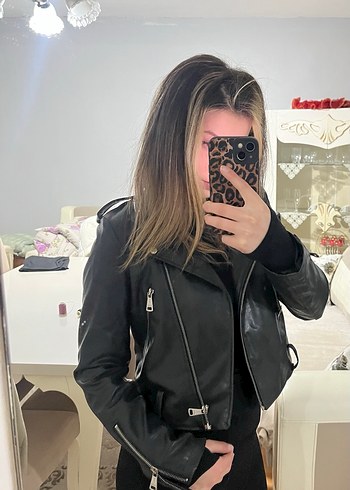 Siyah Kadın Deri Biker Ceket - Görsel 7