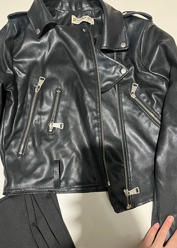 Siyah Kadın Deri Biker Ceket - Görsel 3