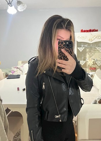 Siyah Kadın Deri Biker Ceket - Görsel 9