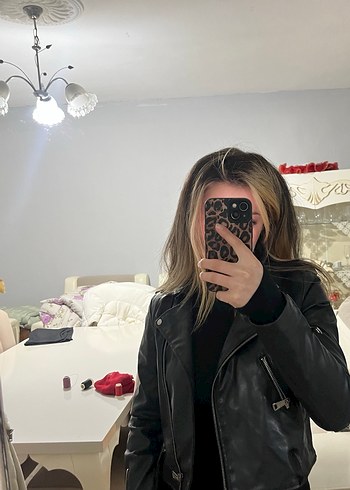 Siyah Kadın Deri Biker Ceket - Görsel 6