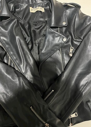 Siyah Kadın Deri Biker Ceket - Görsel 2