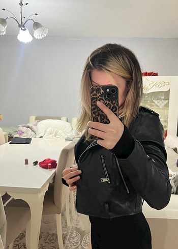 Siyah Kadın Deri Biker Ceket - Görsel 8