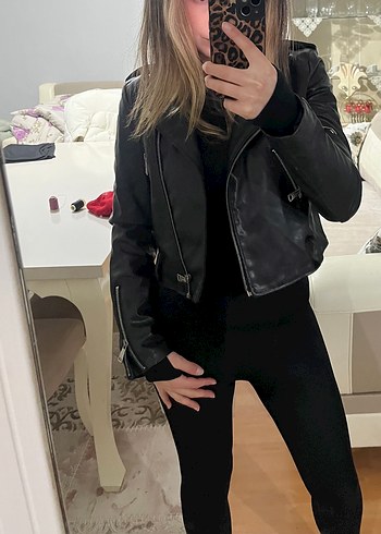 Siyah Kadın Deri Biker Ceket - Görsel 5