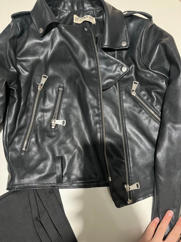 Siyah Kadın Deri Biker Ceket - Görsel 3