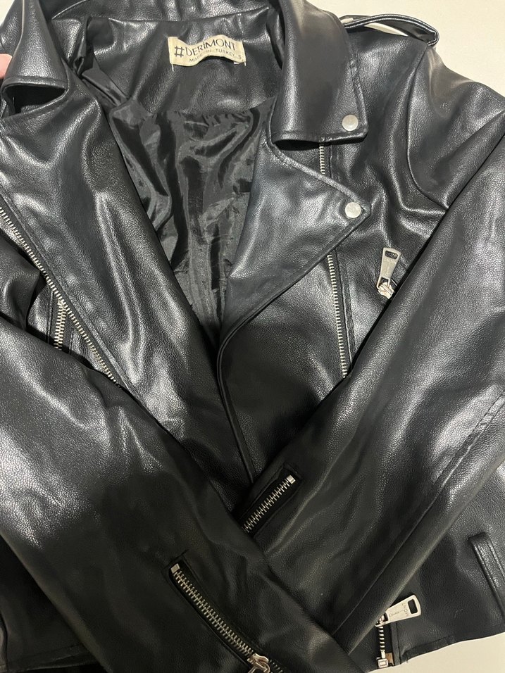 Siyah Kadın Deri Biker Ceket - Görsel 2