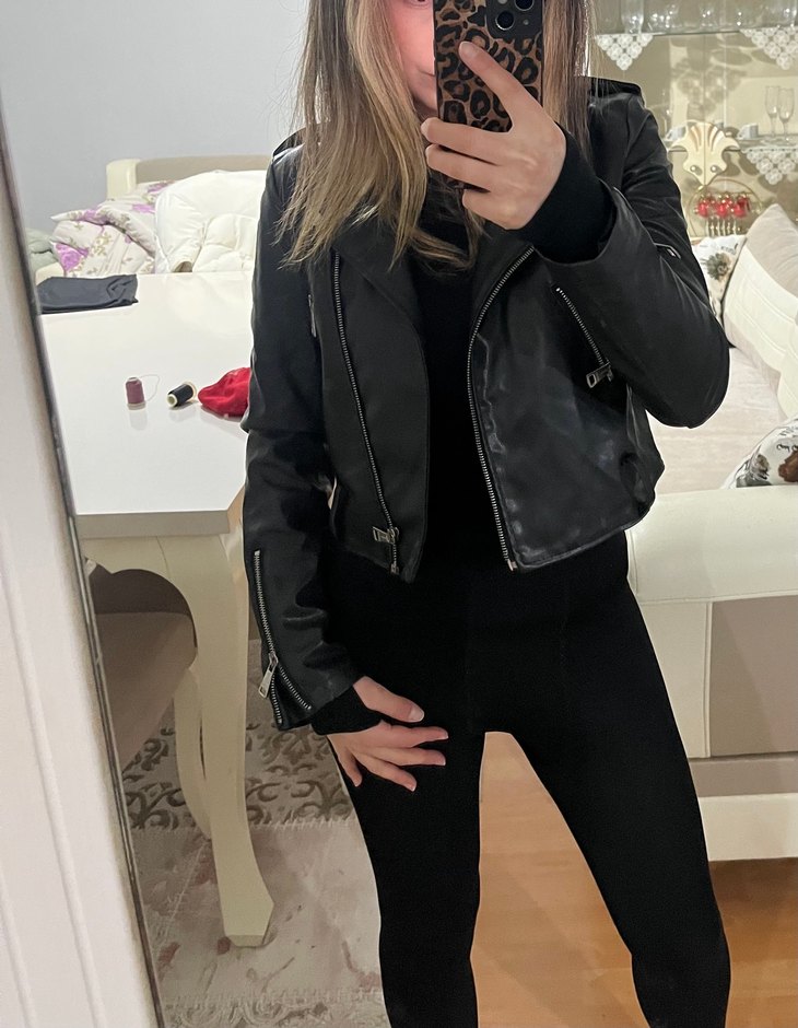 Siyah Kadın Deri Biker Ceket - Görsel 5