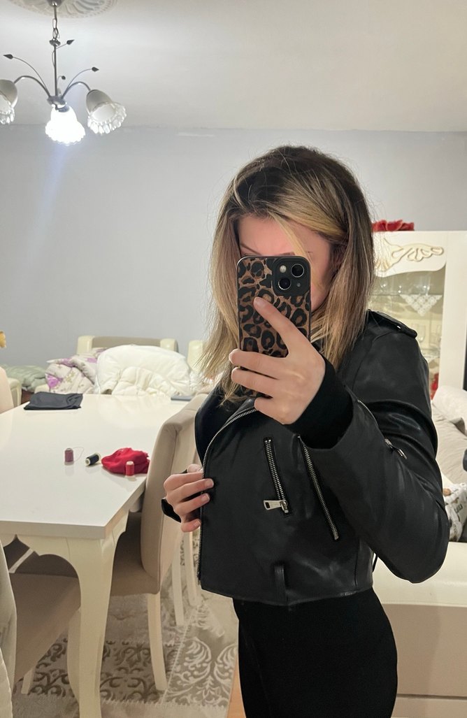 Leopar Desenli Siyah Deri Kadın Ceket - Görsel 2