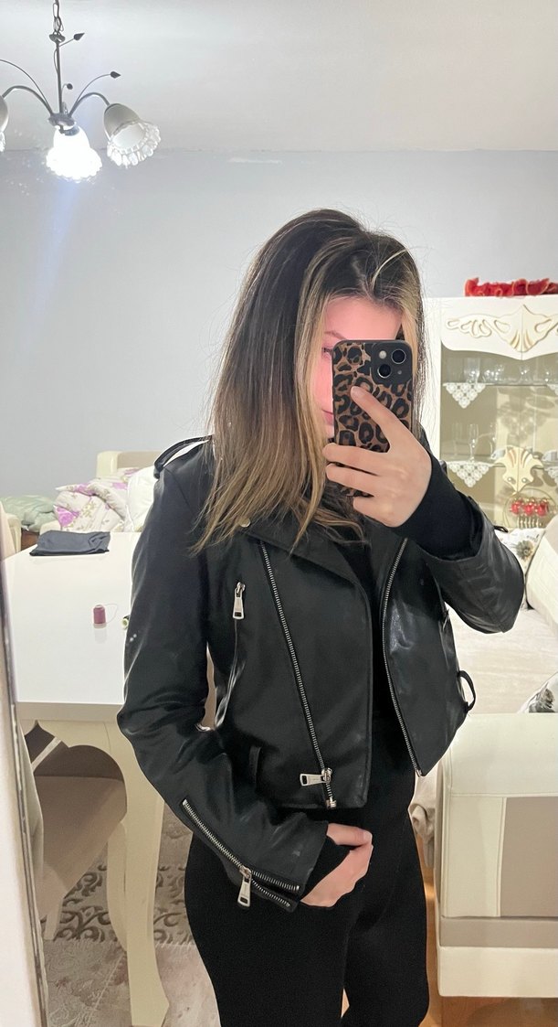Leopar Desenli Siyah Deri Kadın Ceket - Görsel 5